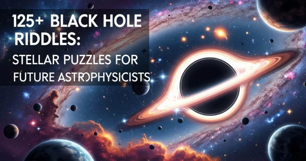 Space-themed title card showing 125+ Black Hole Riddles: Stellar Puzzles for Future Astrophysicists with dramatic black hole and galaxy background