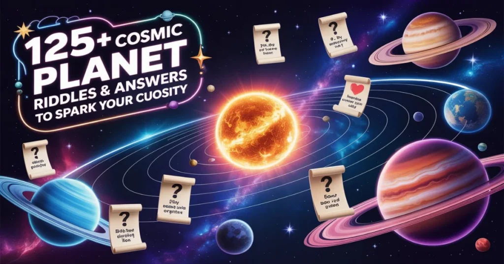 125+ cosmic planet riddles and answers floating in colorful space scene with solar system planets