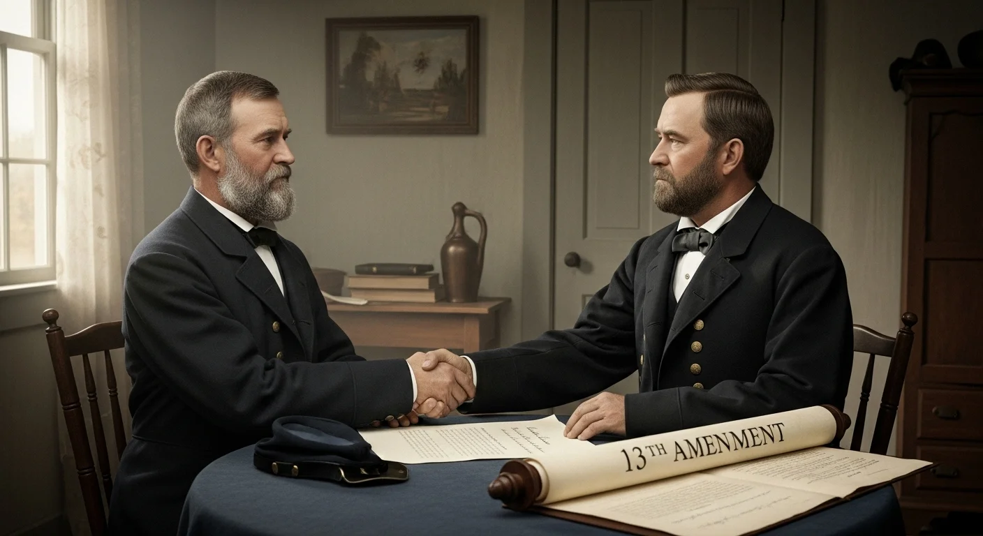 125+ Civil War Riddles & Answers: Unravel History’s Toughest Puzzles 5 Two Civil War era men in formal attire shaking hands over 13th Amendment document in period office setting