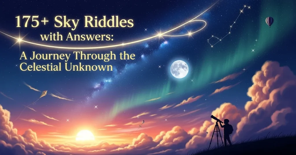 Person with telescope observing night sky filled with stars, moon, aurora, and constellation patterns during sunset