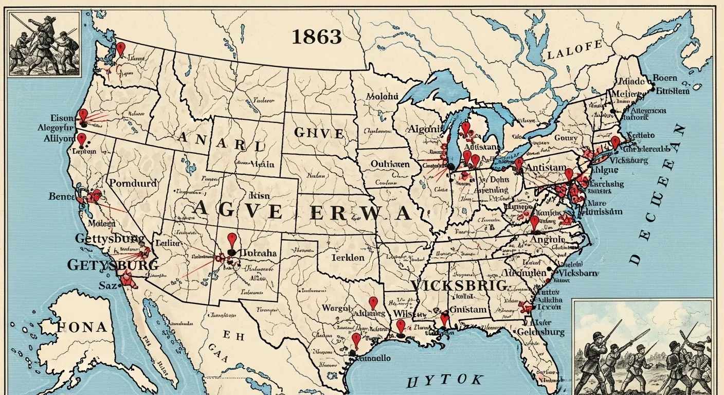 125+ Civil War Riddles & Answers: Unravel History’s Toughest Puzzles 2 Historical 1863 Civil War battle map showing major campaigns including Gettysburg and Vicksburg with red markers