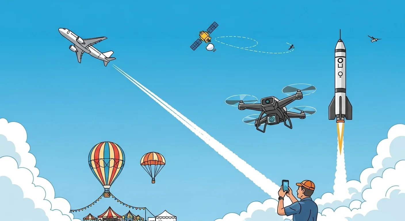 175+ Sky Riddles with Answers: A Journey Through the Celestial Unknown 12 Collection of sky vehicles including commercial airplane, rocket launch, drone, hot air balloons, satellite, and person taking photos