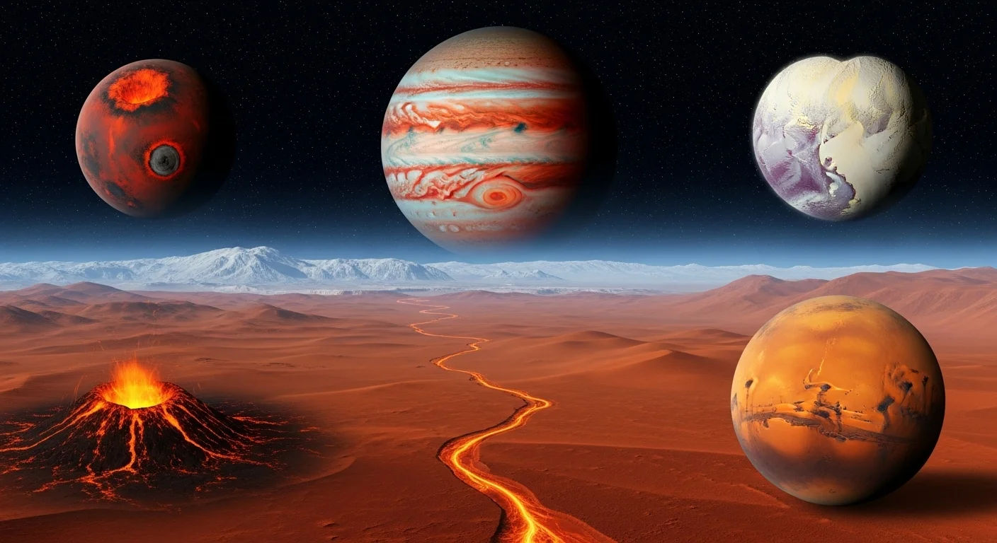 125+ Galaxy Riddles to Spark Your Cosmic Curiosity 10 Dramatic alien landscape with volcanic eruption, lava flows, and multiple colorful planets including gas giant and rocky worlds visible in starry sky