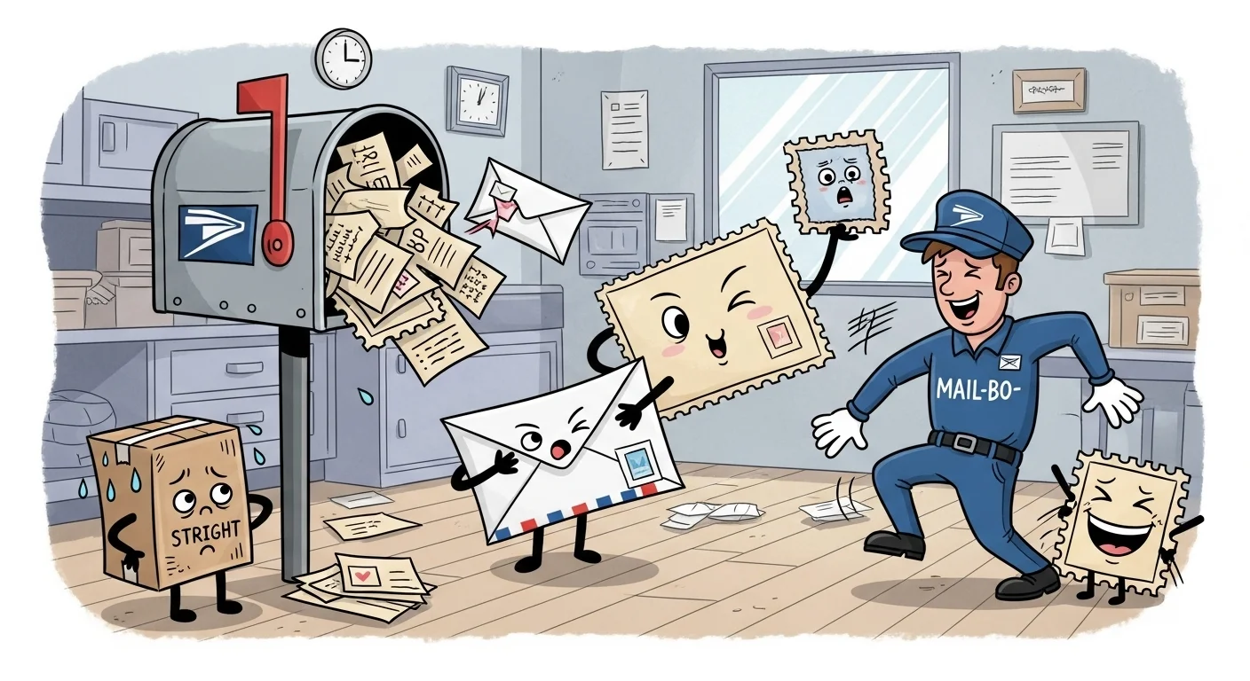 125+ Post Office Riddles to Deliver a Challenge (with Answers!) 3 Cartoon post office scene with animated mail characters, postage stamps with faces, mail carrier, and overflowing mailbox