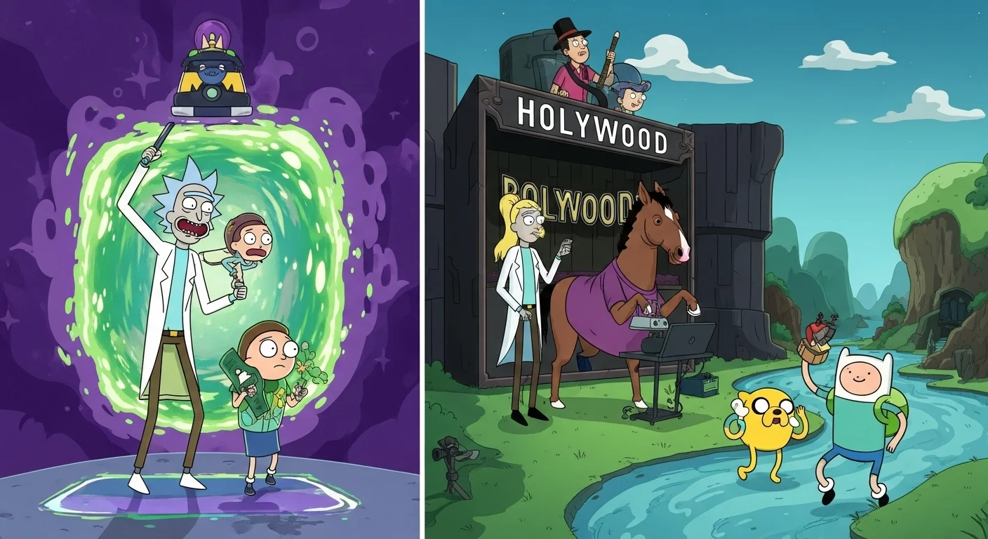 125+ Television Riddles to Test Your Show Knowledge (Answers) 10 Animated characters from Rick and Morty, BoJack Horseman, and Adventure Time in crossover scene with portal and Hollywood sign