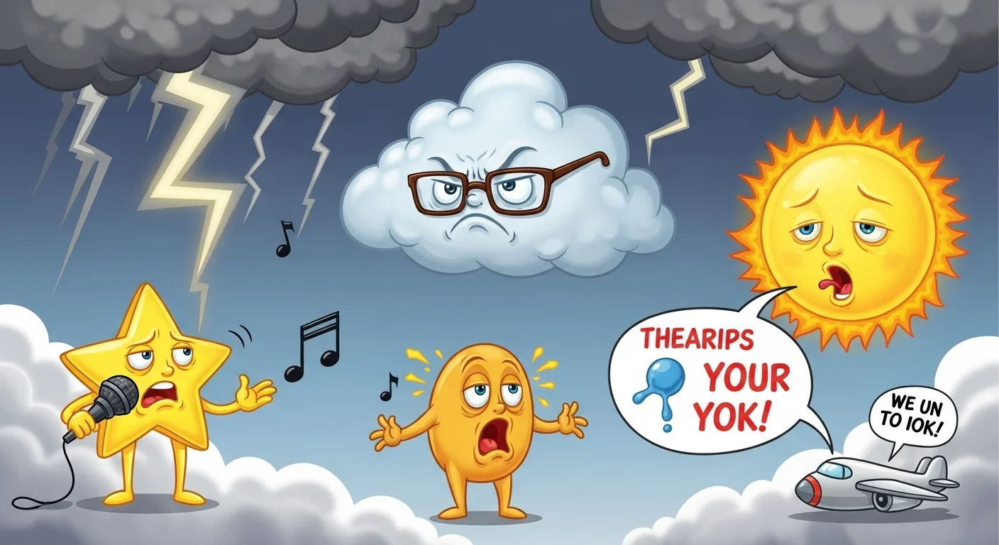 175+ Sky Riddles with Answers: A Journey Through the Celestial Unknown 4 Cartoon weather characters including angry storm cloud with lightning, worried sun, singing star, and airplane with speech bubbles
