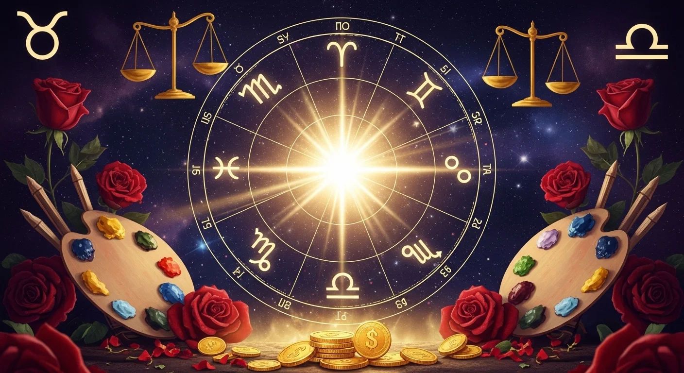 125+ Venus Riddles: Unravel the Mysteries to Test Your Cosmic Knowledge 10 Zodiac wheel with astrological signs surrounded by artistic elements including paint palettes, brushes, red roses, scales of justice, and gold coins on starry background