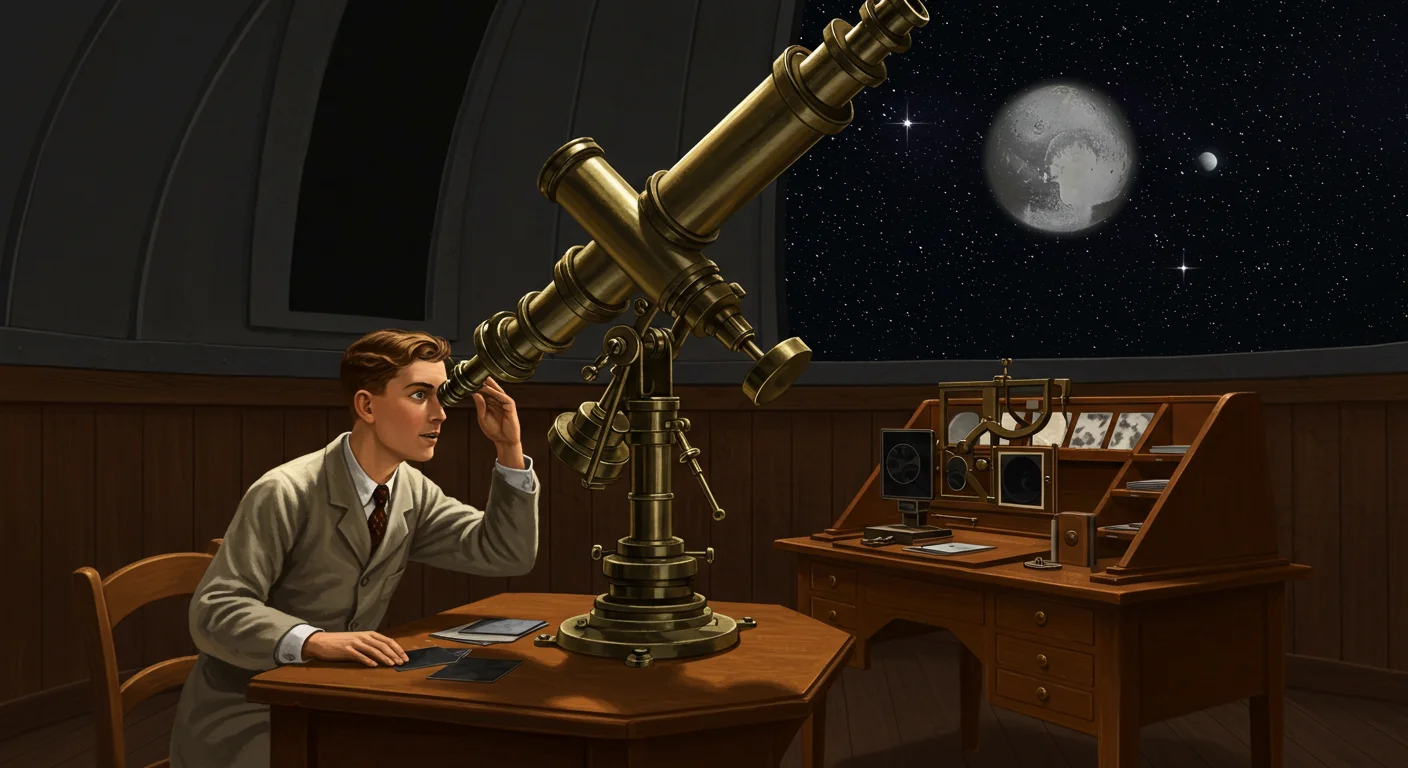 125+ Pluto Riddles with Answers: Unravel the Mysteries of the Dwarf Planet 1 Vintage astronomer using brass telescope to observe Pluto and its moons from observatory under starry night sky