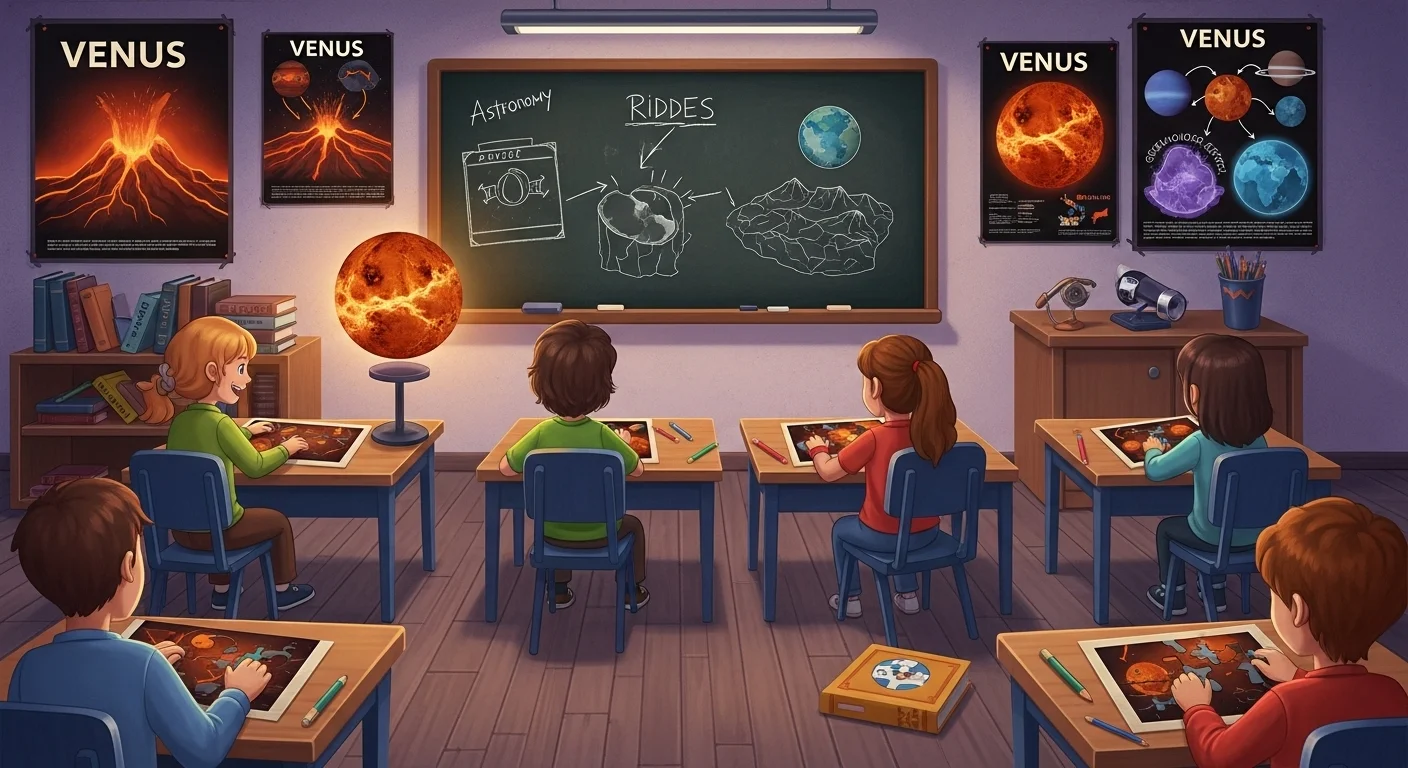 125+ Venus Riddles: Unravel the Mysteries to Test Your Cosmic Knowledge 12 Elementary school children in astronomy classroom learning about Venus with educational posters, planet models, and chalkboard showing riddles and diagrams