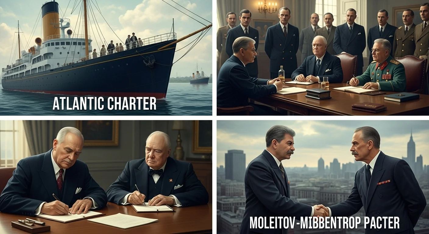 125+ World War 2 Riddles & Answers: Journey Through History 15 World War 2 diplomatic meetings composite showing Atlantic Charter ship meeting and Molotov-Ribbentrop Pact signing between Allied and Axis leaders
