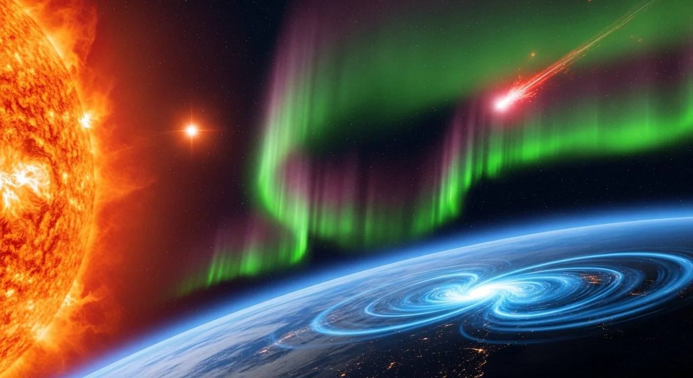125+ Galaxy Riddles to Spark Your Cosmic Curiosity 9 Northern lights aurora borealis caused by solar flares and Earth's magnetic field with meteor streaking through atmosphere