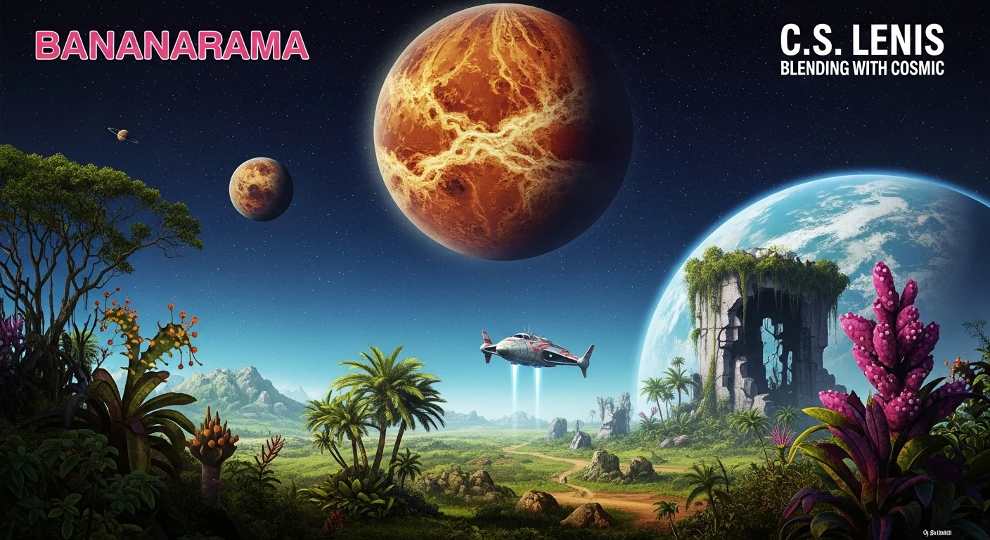125+ Venus Riddles: Unravel the Mysteries to Test Your Cosmic Knowledge 7 Cosmic scene with Venus, Earth, and alien landscape featuring tropical vegetation and futuristic spacecraft