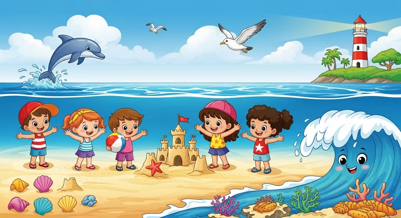 125+ Ocean Riddles & Answers to Challenge Your Mind 1 Five diverse children playing on beach with sandcastle, colorful wave character, dolphin jumping, seagulls flying, and lighthouse in background