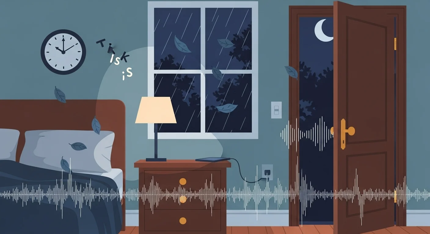 125+ Bedroom Riddles with Answers: Fun and Engaging Puzzles 7 Bedroom at night showing sound wave visualization with clock, rainy window, and furniture during sleep time