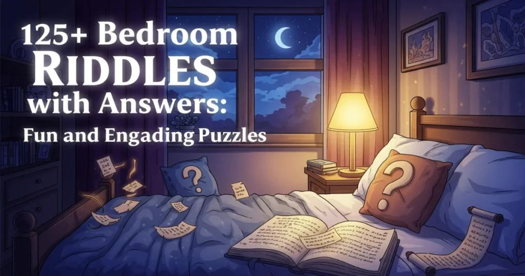 Cozy nighttime bedroom with question mark pillows, open riddle books, and puzzle papers scattered on blue bedding