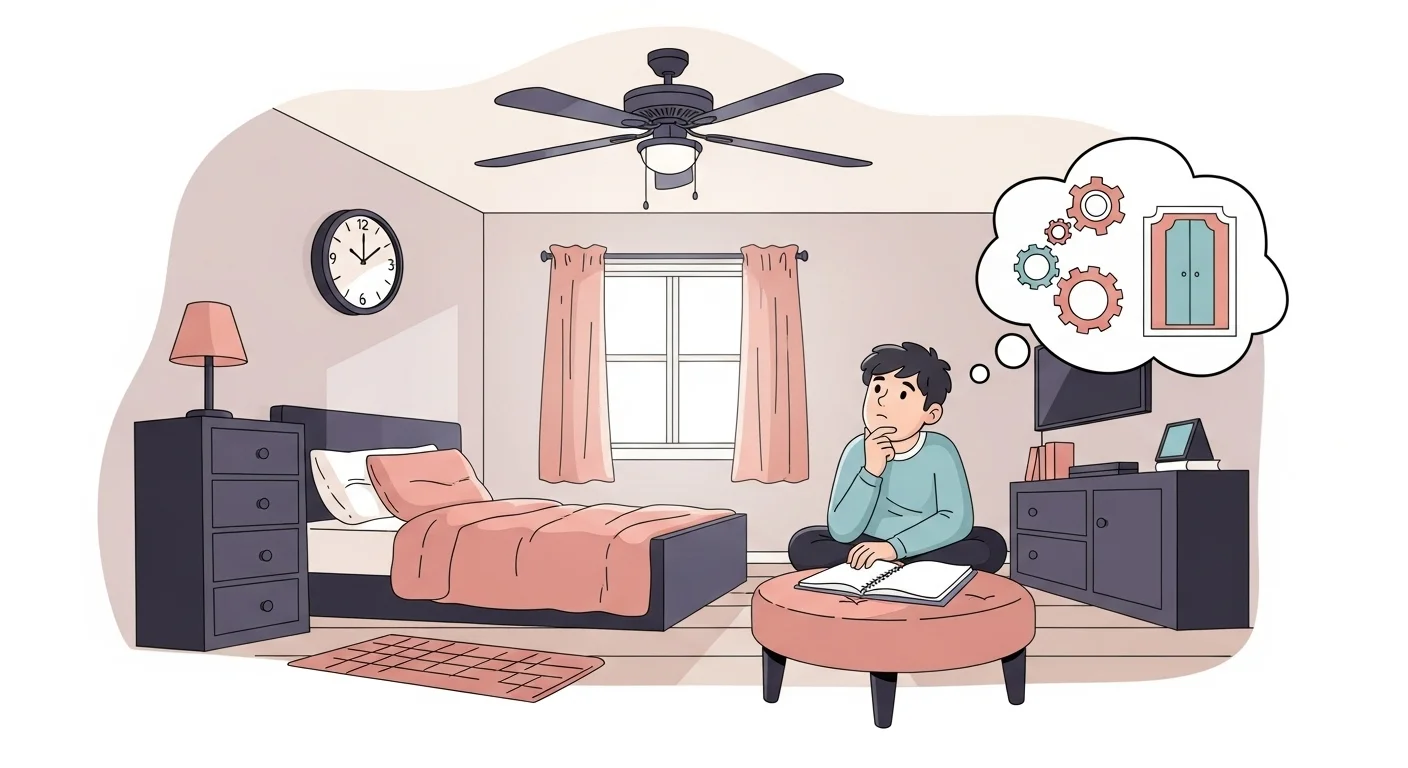 125+ Bedroom Riddles with Answers: Fun and Engaging Puzzles 2 Person sitting thoughtfully in modern bedroom with thought bubble showing gears and wardrobe, solving riddles