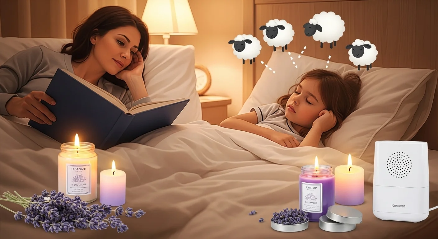 125+ Bedroom Riddles with Answers: Fun and Engaging Puzzles 5 Mother reading to sleeping child in bed with lavender candles, essential oils, and white noise machine for peaceful sleep