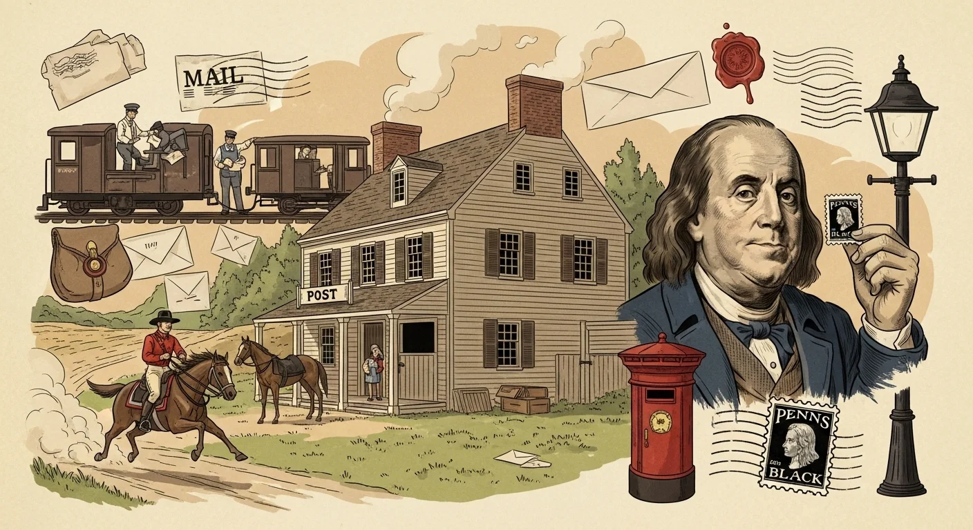 125+ Post Office Riddles to Deliver a Challenge (with Answers!) 4 Historical illustration of Benjamin Franklin with colonial post office, mail train, horseback rider, and vintage postal elements including stamps and wax seal