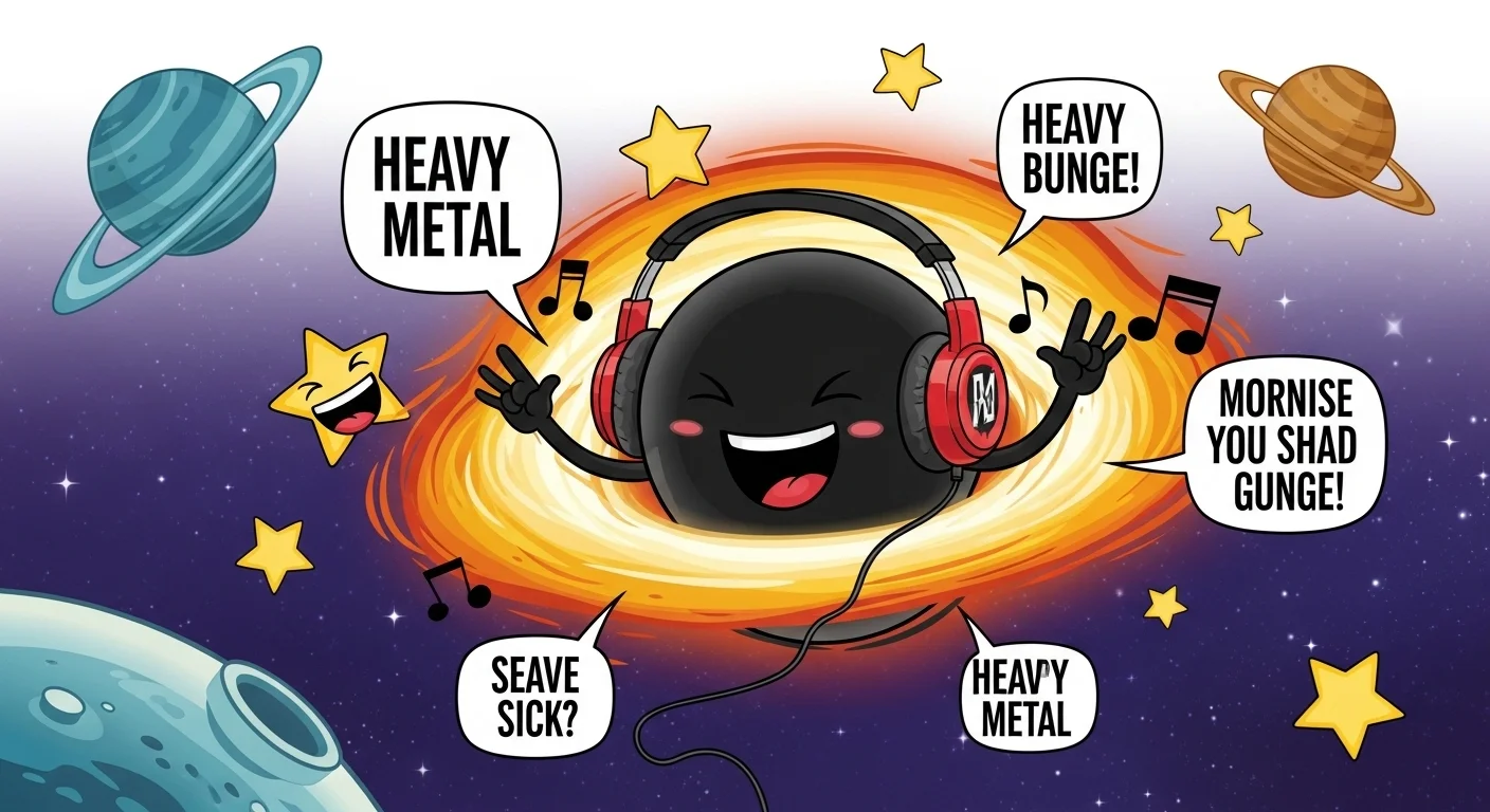 125+ Black Hole Riddles: Stellar Puzzles for Future Astrophysicists 3 Humorous cartoon black hole character wearing headphones listening to heavy metal music with speech bubbles and cute planets in space background