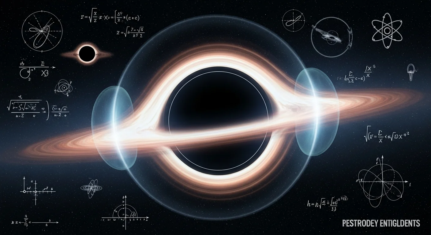 125+ Black Hole Riddles: Stellar Puzzles for Future Astrophysicists 2 Scientific visualization of black hole with complex mathematical equations, physics formulas, and orbital mechanics diagrams surrounding the event horizon