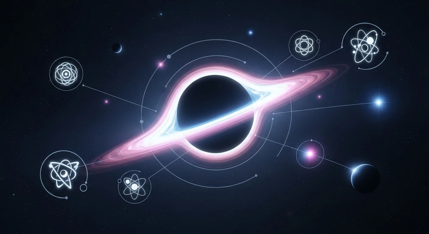 125+ Shining Stars Riddles with Answers: Starry Night Puzzles 2 Scientific visualization of a black hole with swirling accretion disk surrounded by atomic structure diagrams and celestial bodies. Stars riddles