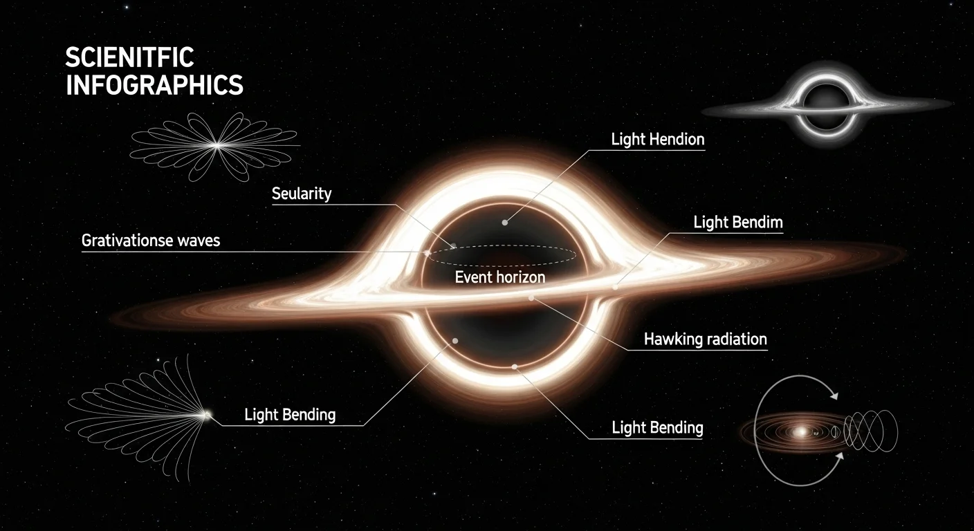 125+ Black Hole Riddles: Stellar Puzzles for Future Astrophysicists 4 Detailed black hole infographic showing event horizon, Hawking radiation, light bending, and gravitational waves with scientific labels and diagrams
