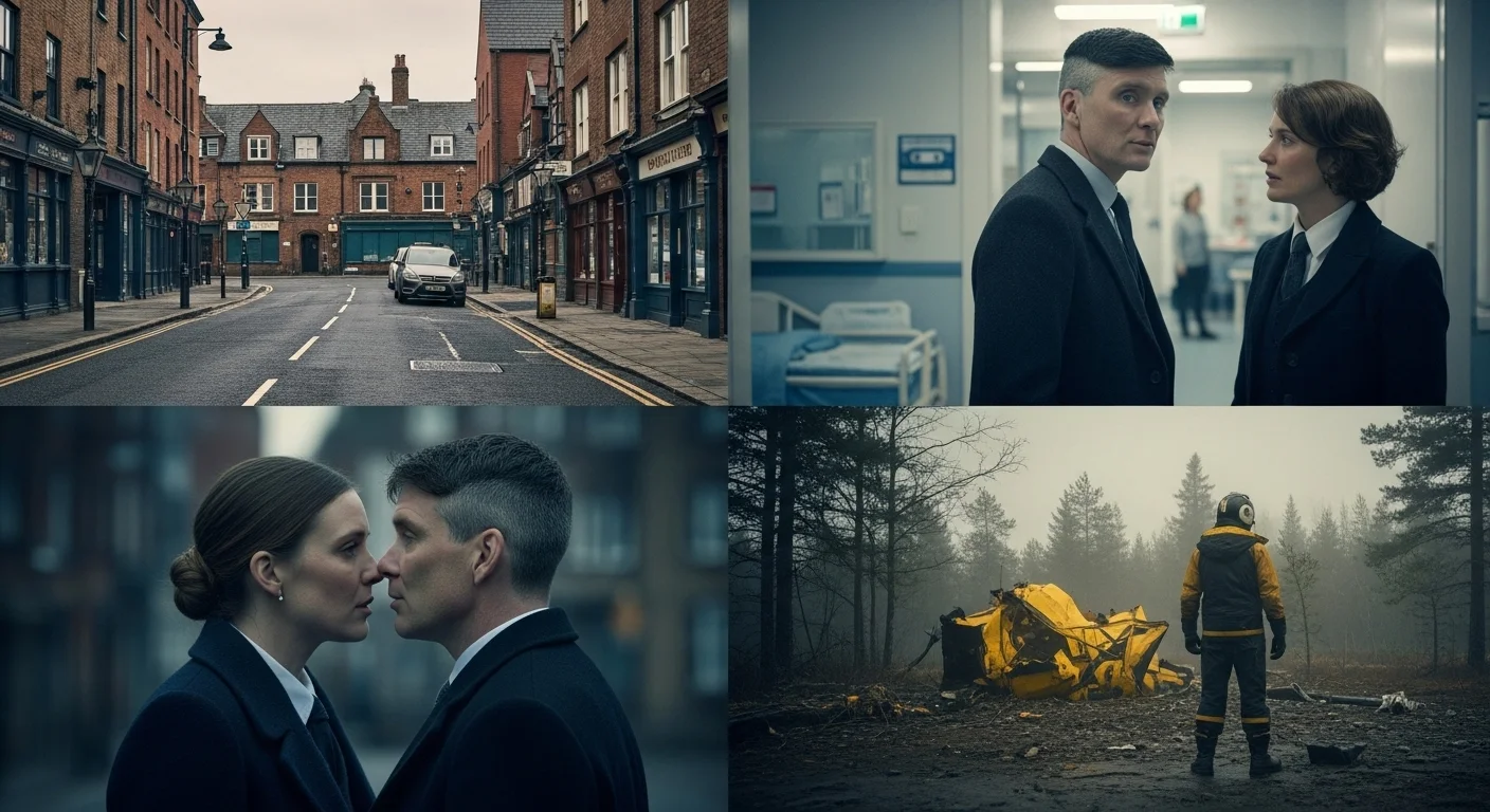 125+ Television Riddles to Test Your Show Knowledge (Answers) 9 British drama television scenes showing English street, hospital corridor with two characters talking, romantic scene, and emergency responder at crash site