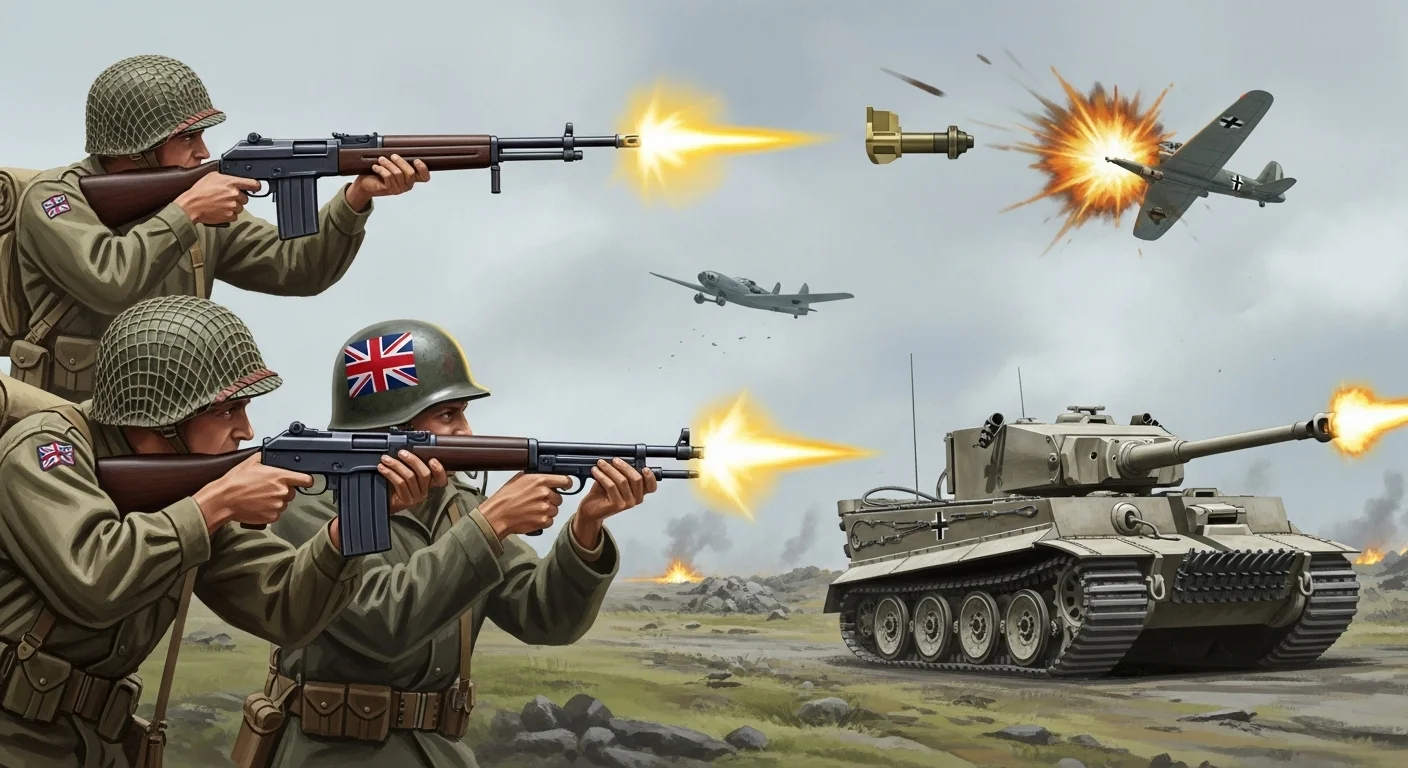125+ World War 2 Riddles & Answers: Journey Through History 6 British soldiers with anti-tank rifles firing at German Tiger tank and Luftwaffe aircraft during World War 2 ground combat