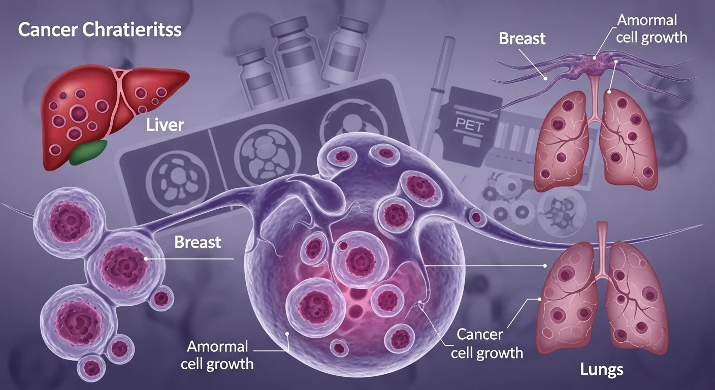 125+ Disease Riddles to Test Your Medical IQ (Answers Inside) 13 Medical illustration showing cancer characteristics, tumor growth in breast, lung, liver organs, and PET scan imaging