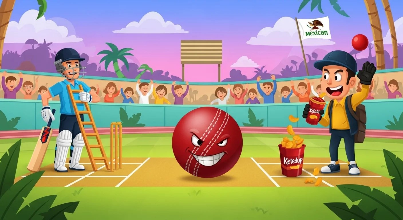 150+ Cricket Riddles with Answers: Test Your Knowledge and Have Fun! 5 Colorful cartoon cricket scene with animated red cricket ball mascot, players, and cheering crowd in tropical stadium