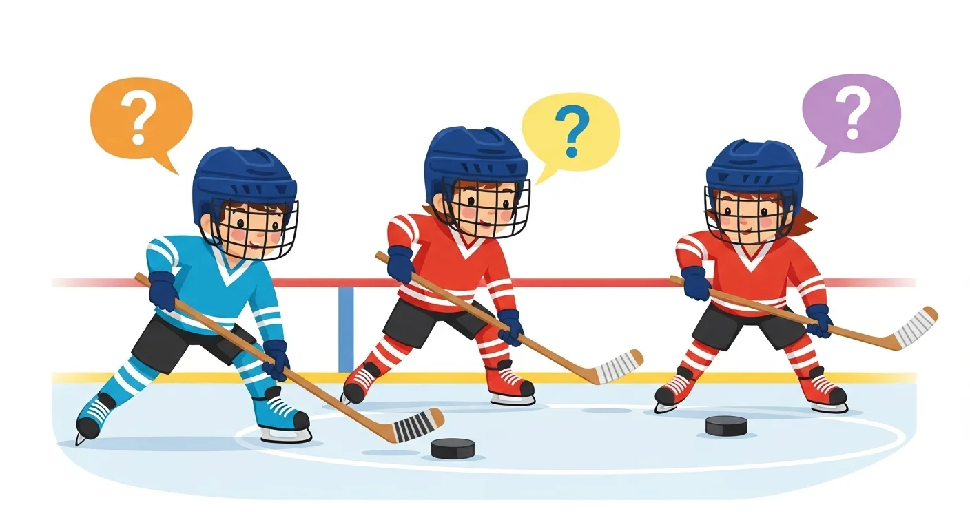 125+ Hockey Riddles with Answers to Challenge Your Mind 1 Three cartoon hockey players in colorful uniforms with question mark speech bubbles on ice rink