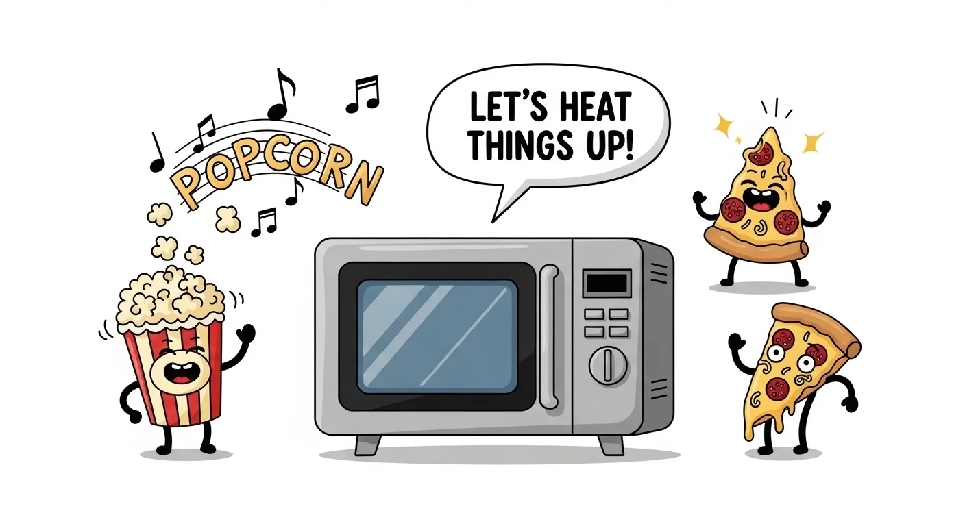 Animated cartoon showing happy popcorn and pizza characters around a microwave saying "Let's heat things up"