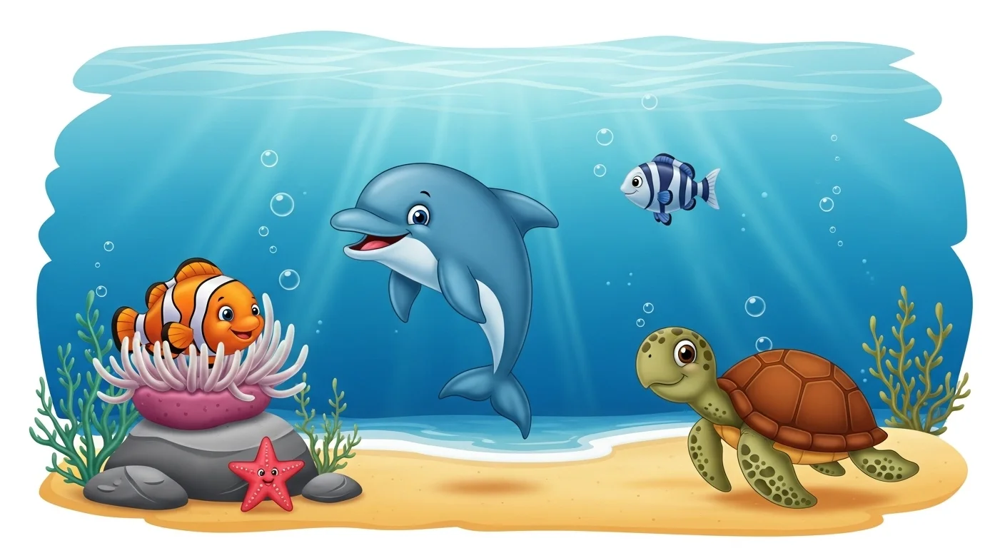 150+ Sea Animal Riddles & Answers to Spark Curiosity and Fun 1 Cartoon underwater scene with friendly dolphin, sea turtle, clownfish, and starfish on sandy ocean floor with coral