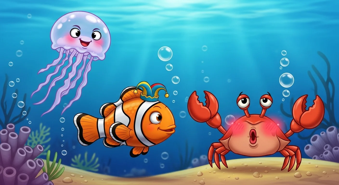 125+ Sea Riddles with Answers: Dive into the Depths of Mystery and Fun 4 Cute cartoon sea animals including smiling jellyfish, clownfish and crab underwater scene
