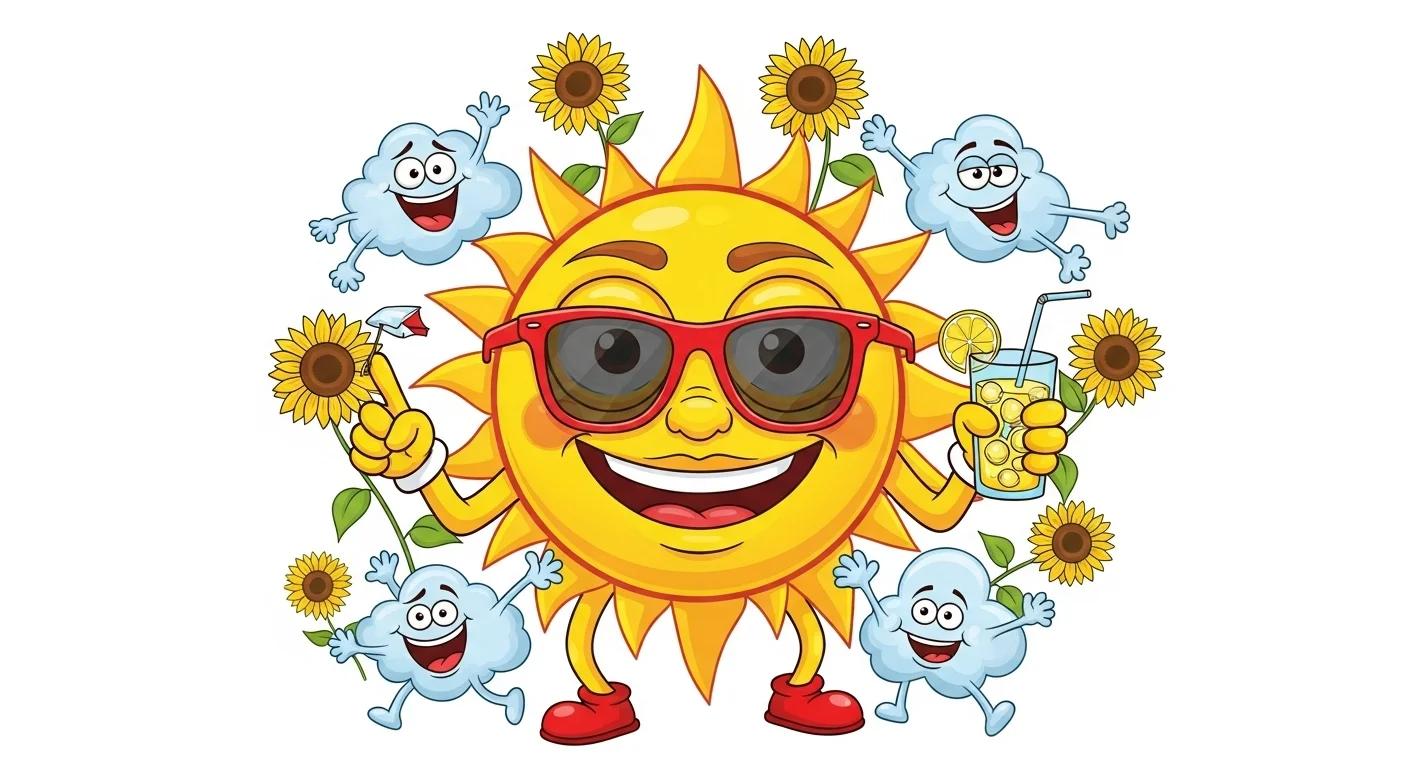 125+ Sun Riddles with Answers: A Radiant Collection for All Ages 4 Cheerful cartoon sun wearing red sunglasses surrounded by happy clouds and sunflowers in summer theme