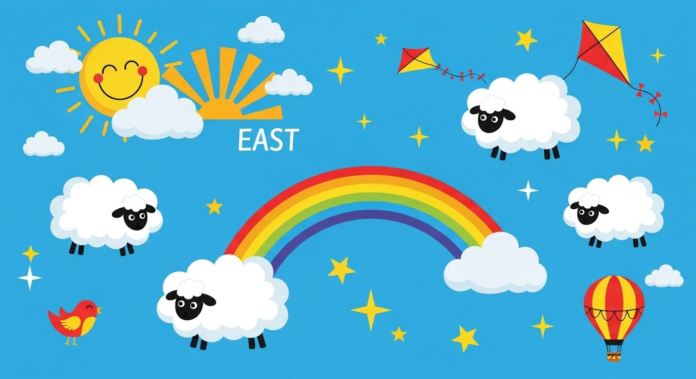 175+ Sky Riddles with Answers: A Journey Through the Celestial Unknown 1 Bright blue sky riddles with smiling sun, fluffy white clouds, rainbow, cartoon sheep floating in clouds, colorful kites and hot air balloon