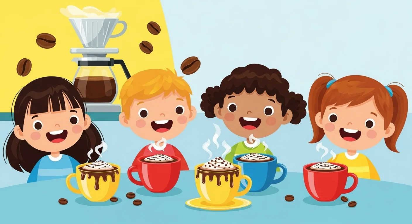 125+ Coffee Riddles with Answers: A Brew of Brain Teasers for Coffee Lovers 5 Cartoon illustration of four diverse children holding colorful coffee cups with steaming hot chocolate and coffee brewing equipment