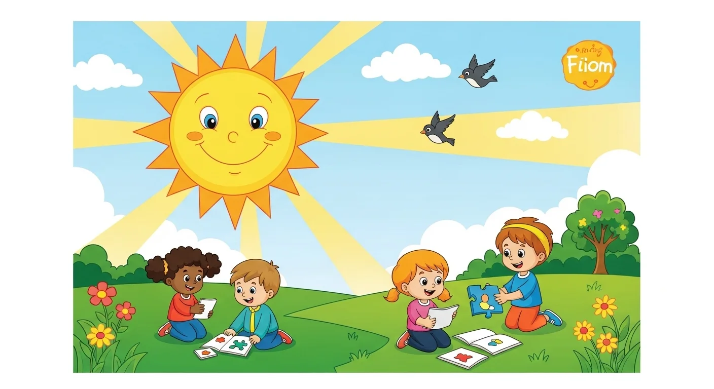 125+ Sun Riddles with Answers: A Radiant Collection for All Ages 1 Happy children studying and playing outdoors under smiling cartoon sun with educational materials