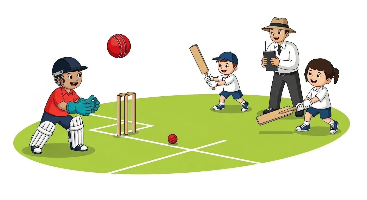 150+ Cricket Riddles with Answers: Test Your Knowledge and Have Fun! 6 Cartoon illustration of children playing cricket with wicket-keeper, batsman, umpire and young players