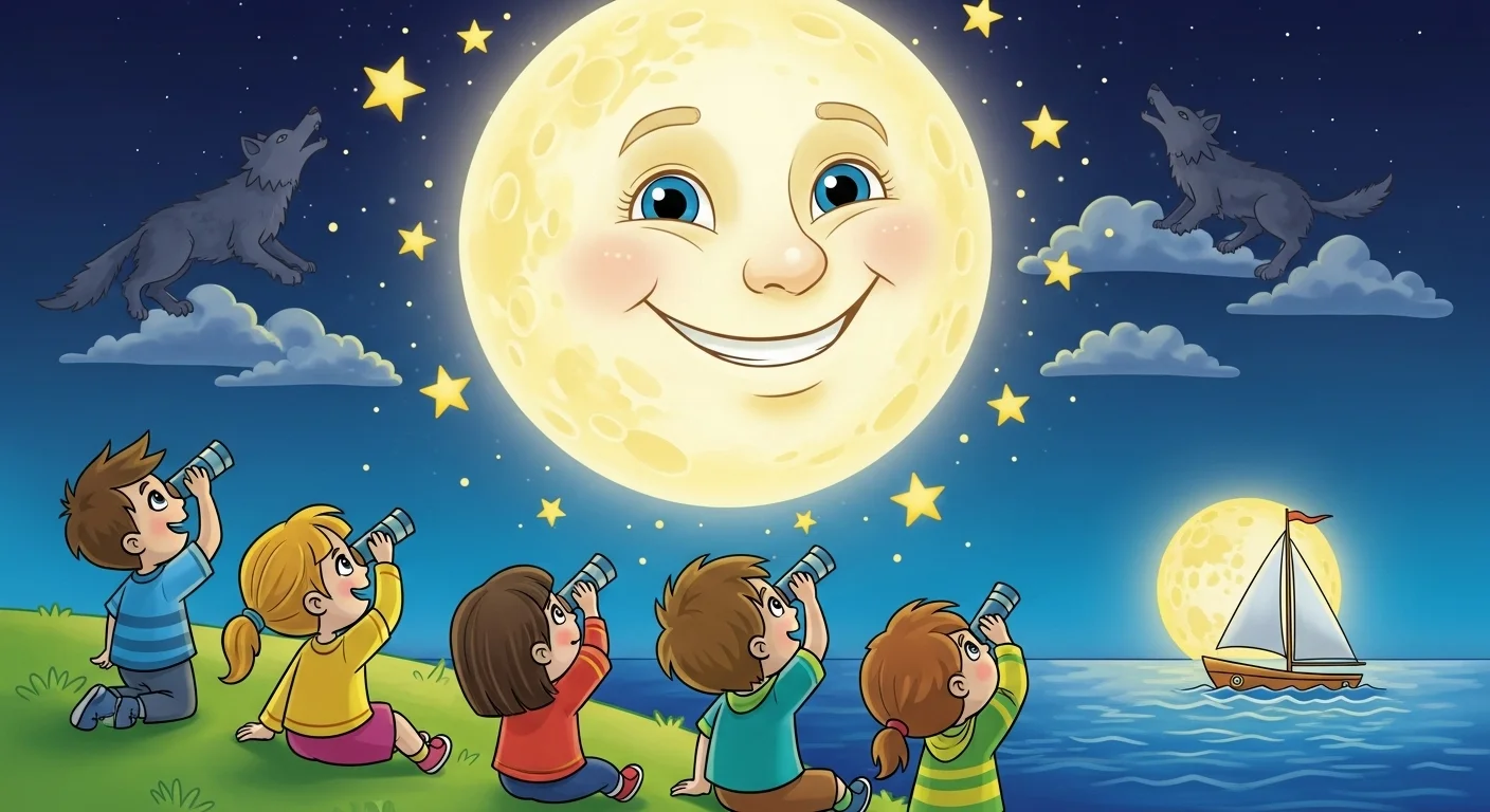 125+ Celestial Moon Riddles for Stargazers with Answers 1 Five children using telescopes to observe smiling cartoon moon in starry night sky with wolves and sailing boat