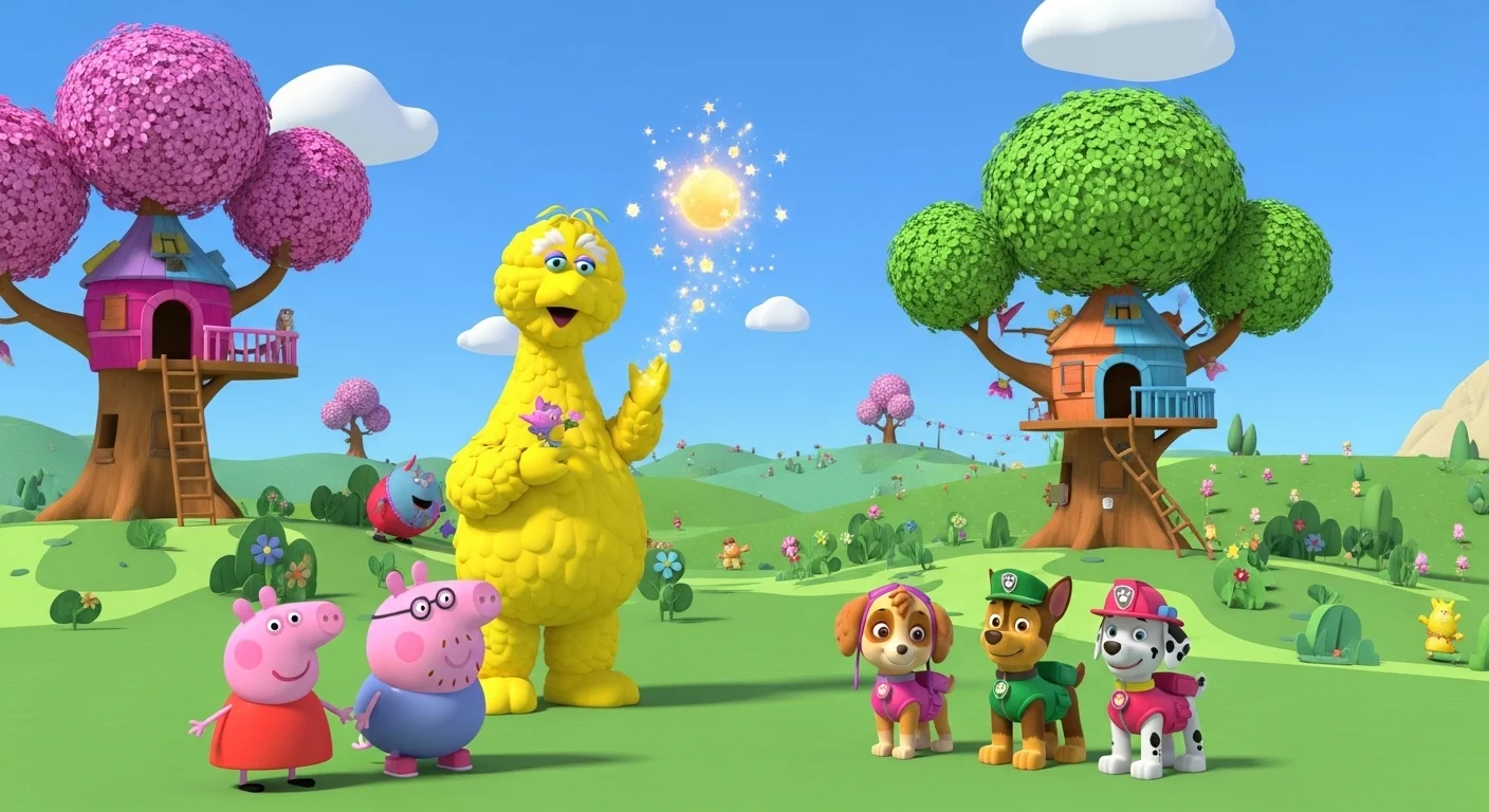 125+ Television Riddles to Test Your Show Knowledge (Answers) 1 Colorful animated scene with Big Bird, Peppa Pig, and Paw Patrol characters in whimsical treehouse landscape in television riddles