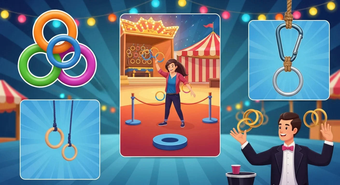 125+ Sparkling Ring Riddles (Can You Solve Them All?) 5 Colorful circus scene with ring toss game, juggling performer, gymnastic rings, and carnival atmosphere with festive lights