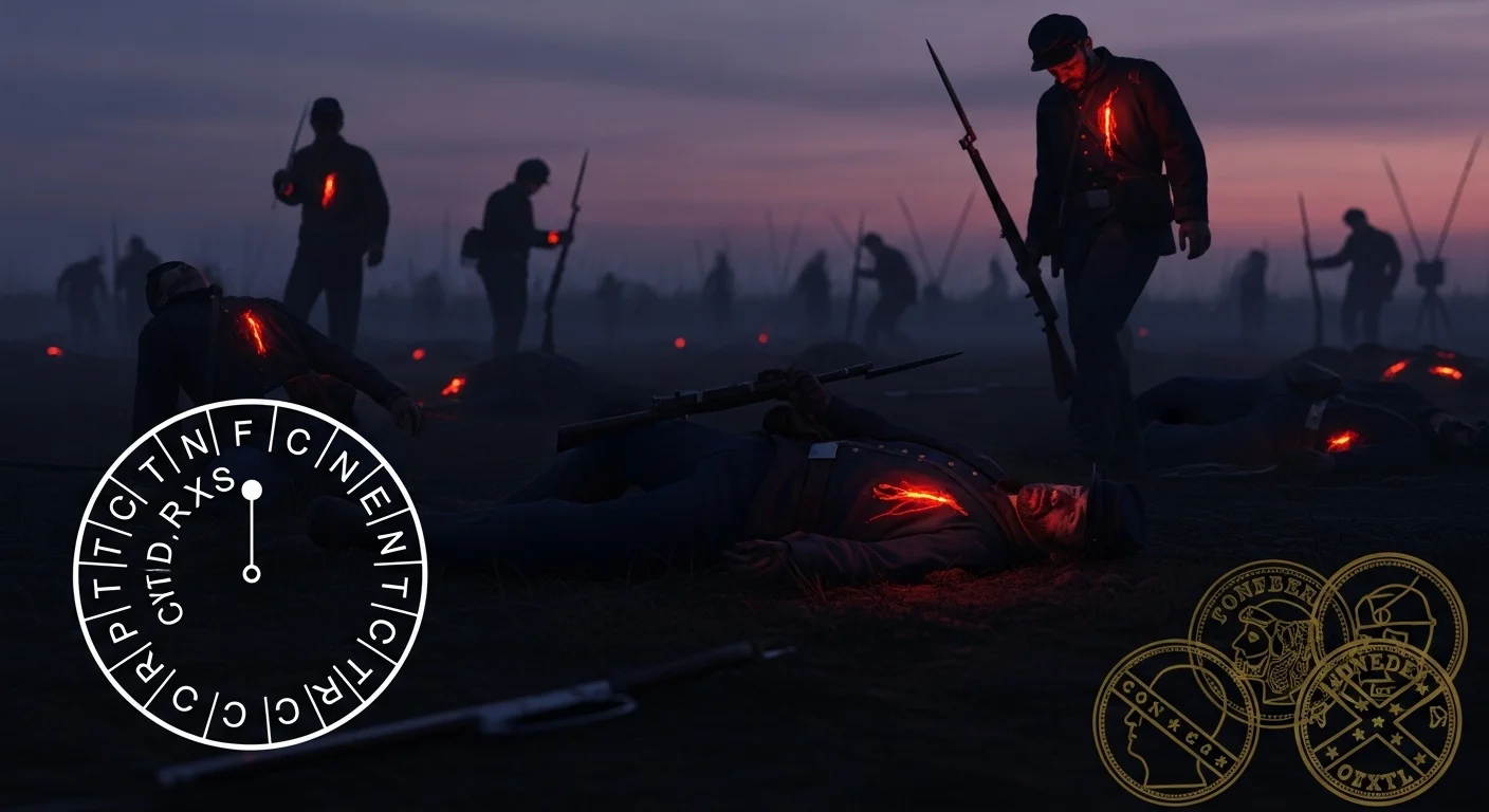125+ Civil War Riddles & Answers: Unravel History’s Toughest Puzzles 6 Atmospheric Civil War battlefield at dusk with silhouetted soldiers carrying lanterns among casualties