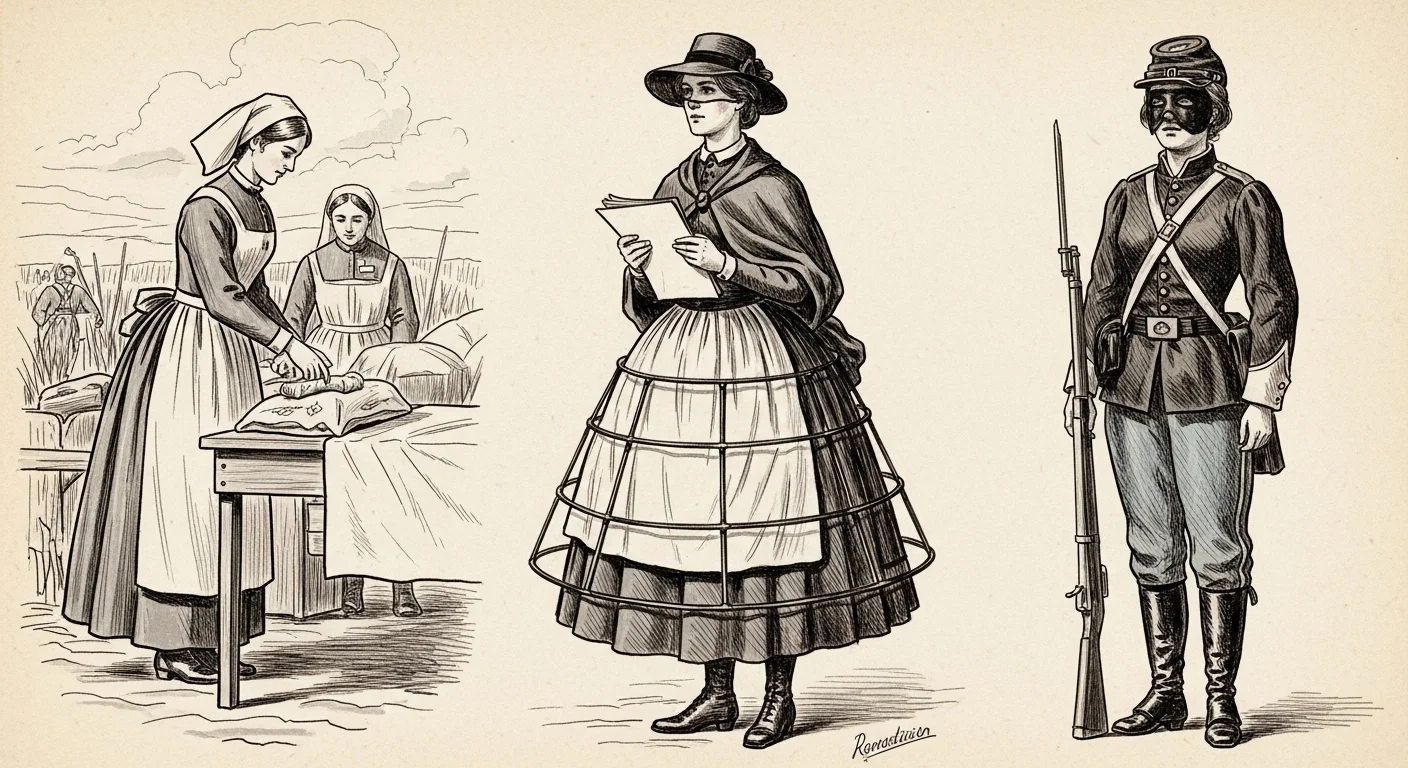 125+ Civil War Riddles & Answers: Unravel History’s Toughest Puzzles 7 Civil War era pen and ink illustrations showing domestic women, fashionable lady, and Union soldier