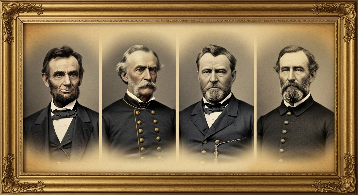 125+ Civil War Riddles & Answers: Unravel History’s Toughest Puzzles 1 Four Civil War era leader portraits in ornate golden frame showing key historical figures