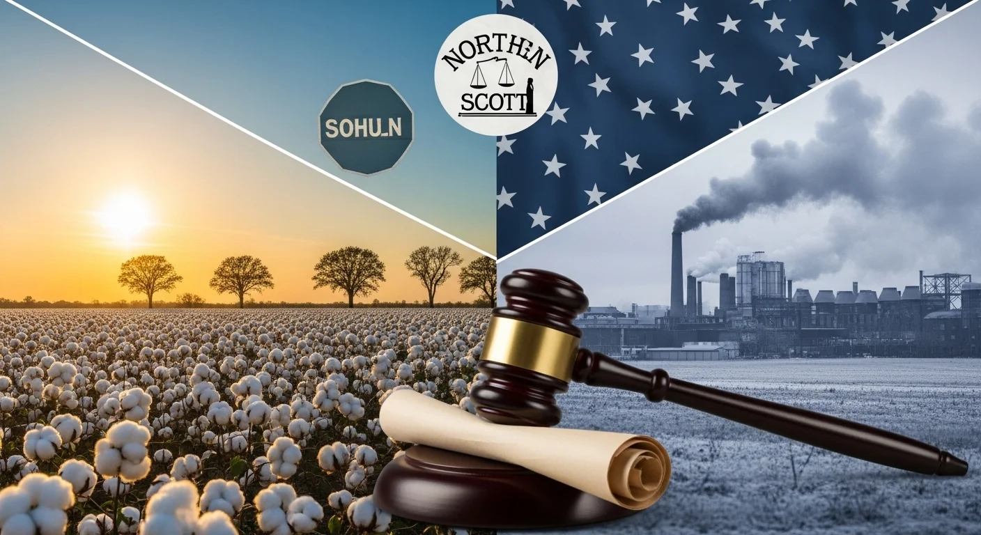 125+ Civil War Riddles & Answers: Unravel History’s Toughest Puzzles 3 Split image comparing Northern industrial cities with Southern cotton fields, featuring legal gavel and justice scales