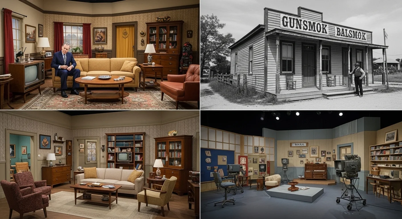 125+ Television Riddles to Test Your Show Knowledge (Answers) 5 Four classic TV show living room sets including presidential office, western saloon, family room, and production studio with vintage furniture and decor