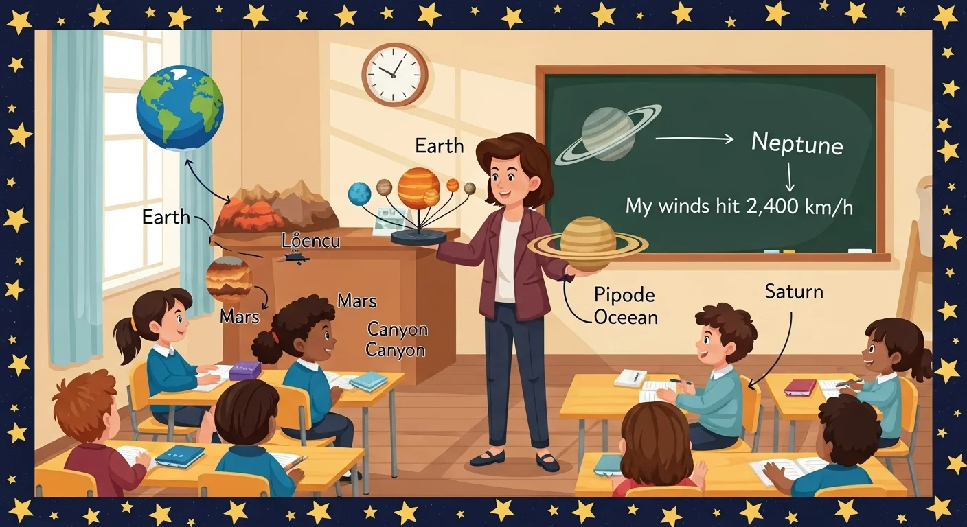 125+ Cosmic Planet Riddles & Answers to Spark Your Curiosity 4 Female teacher conducting planet lesson with diverse students in classroom featuring solar system models and Neptune facts