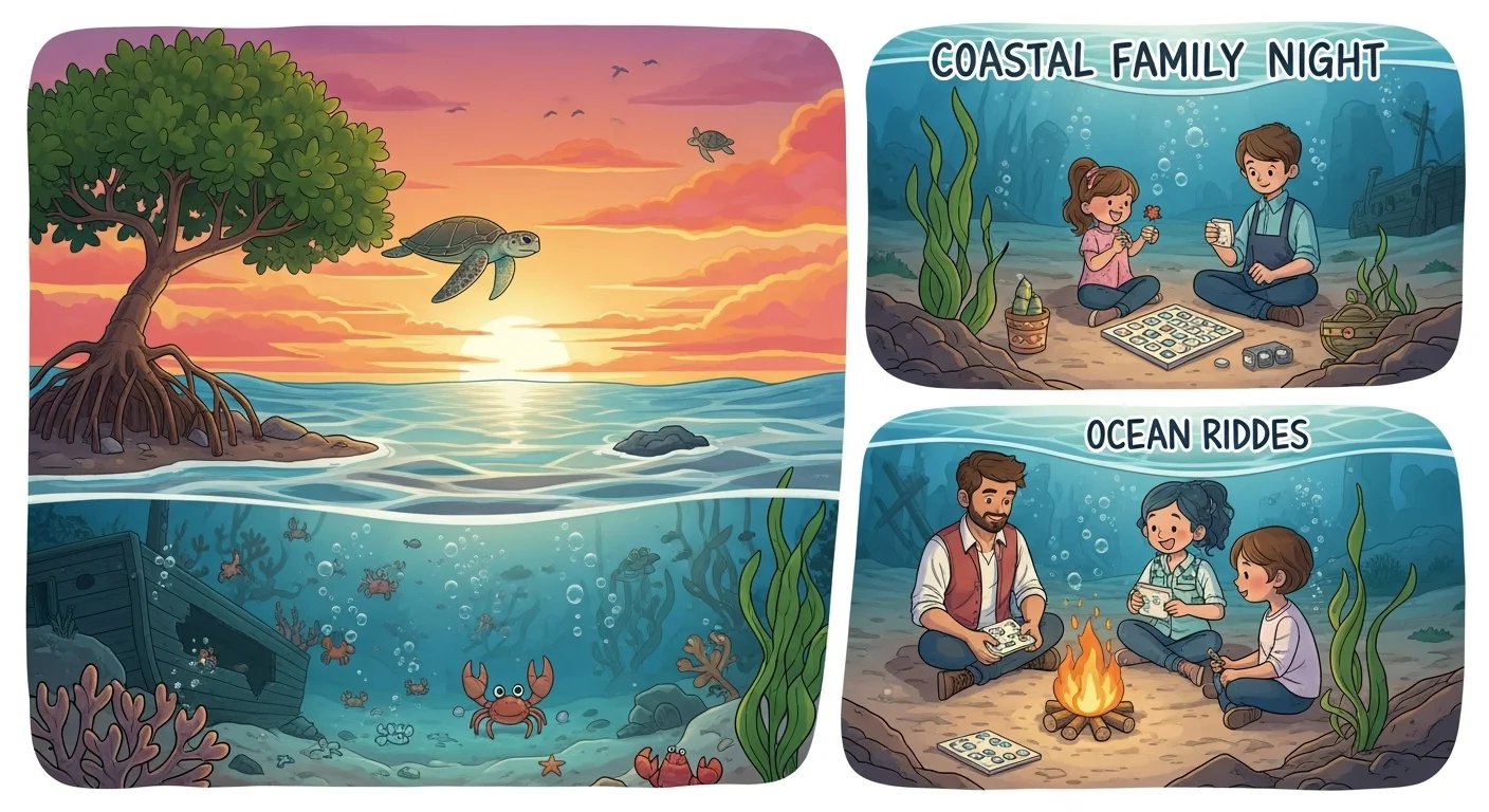 125+ Ocean Riddles & Answers to Challenge Your Mind 2 Split scene showing sunset mangrove with sea turtle above water and underwater coral ecosystem below, plus family enjoying ocean riddles by campfire