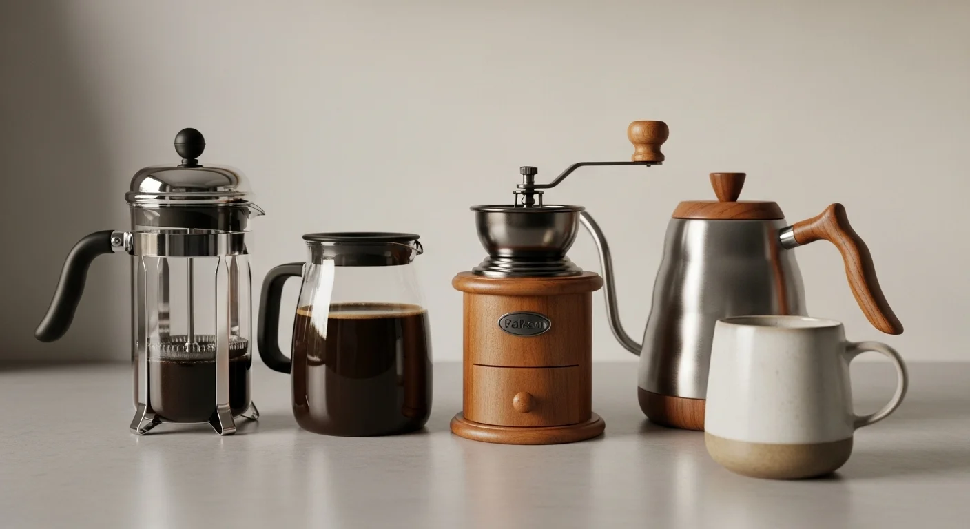 125+ Coffee Riddles with Answers: A Brew of Brain Teasers for Coffee Lovers 2 Professional coffee brewing equipment including French press, manual grinder, pour-over kettle, and ceramic mug